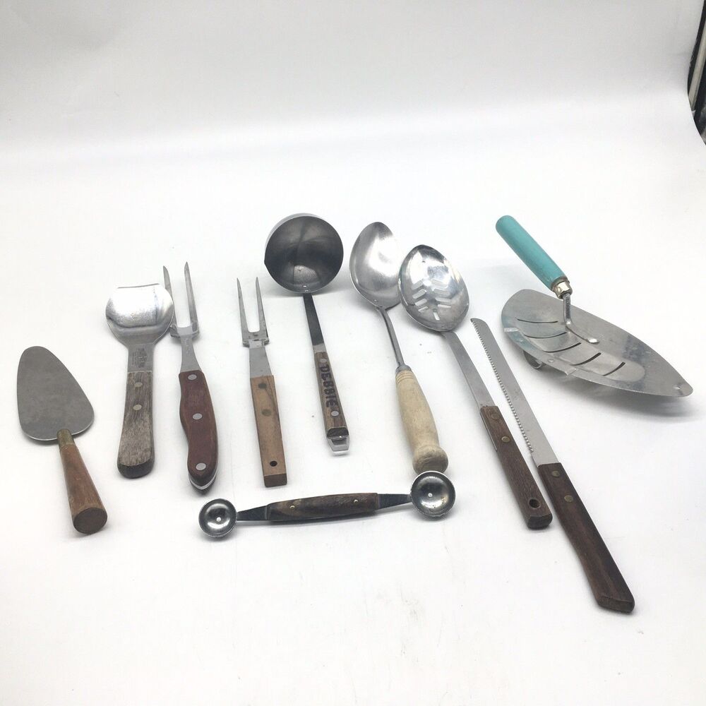 Vtg  Kitchen Utensils Mixed Lot Wood Handle Mid Century Japan Foley Slotted Fork